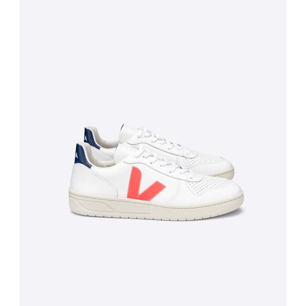 Veja V-10 LEATHER Women\'s Sneakers White/Orange/Blue | CA 646JPQ